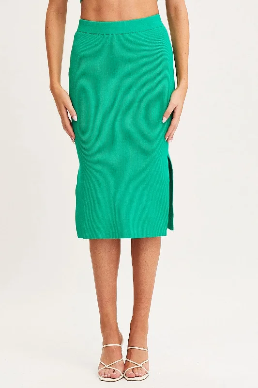 Green Knit Skirt Midi Side Split