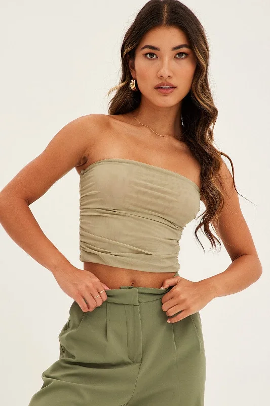 Green Mesh Bandeau Strapless Ruched Crop