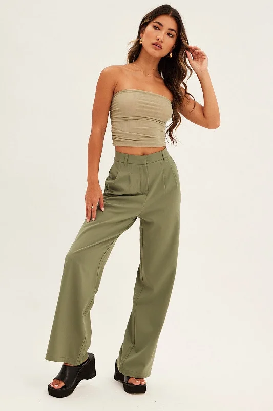 Green Mesh Bandeau Strapless Ruched Crop