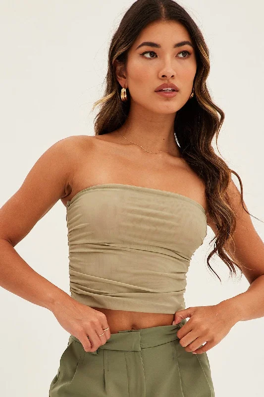 Green Mesh Bandeau Strapless Ruched Crop