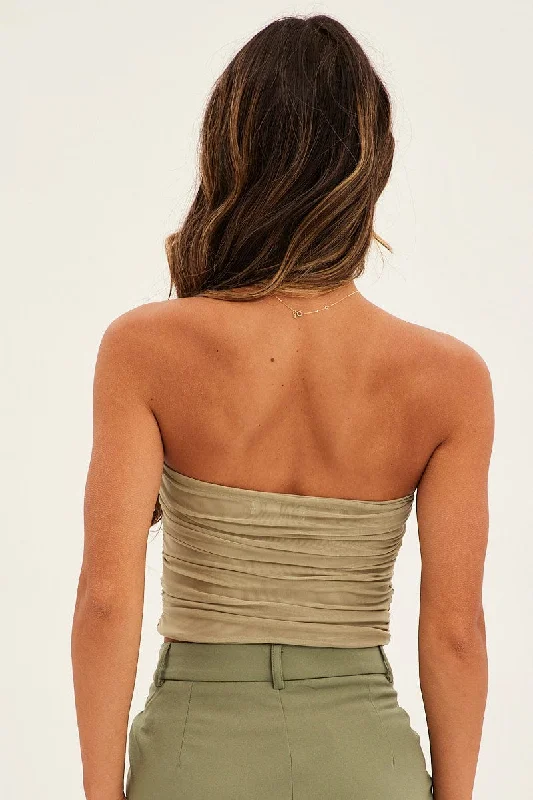 Green Mesh Bandeau Strapless Ruched Crop