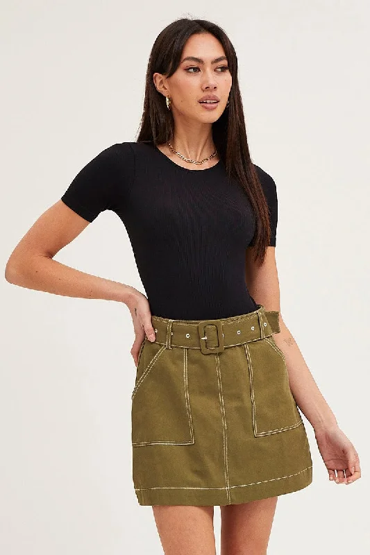 Green Mini Skirt High Waisted Contrast Belted Utility