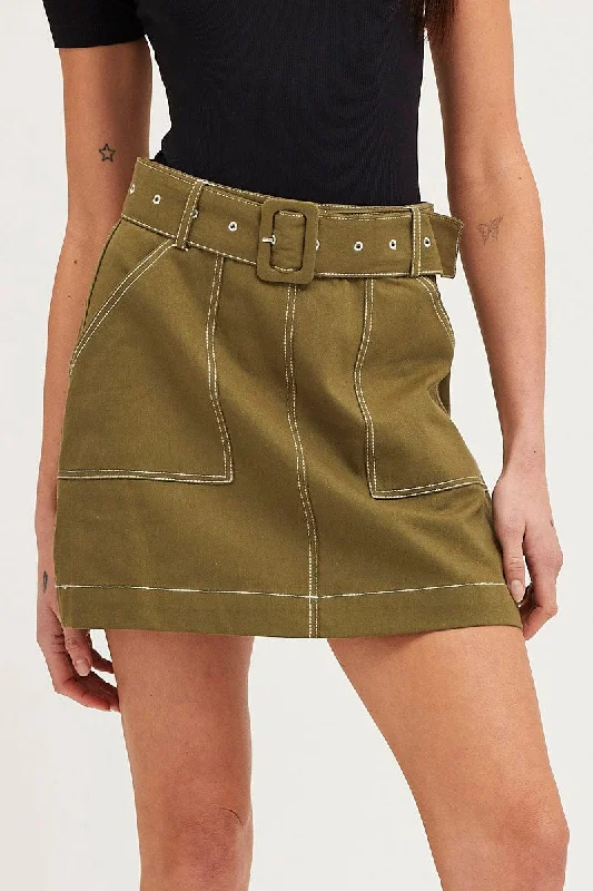 Green Mini Skirt High Waisted Contrast Belted Utility