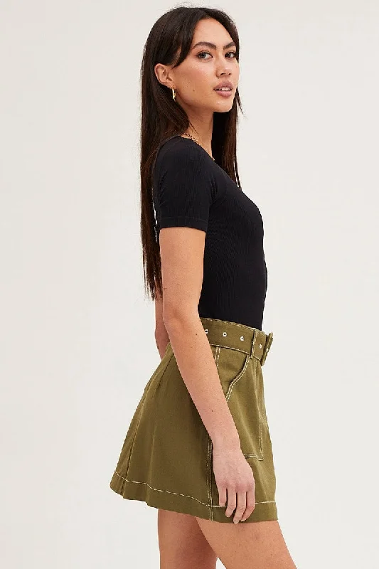 Green Mini Skirt High Waisted Contrast Belted Utility