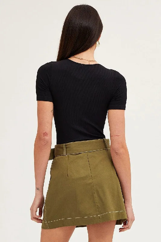 Green Mini Skirt High Waisted Contrast Belted Utility