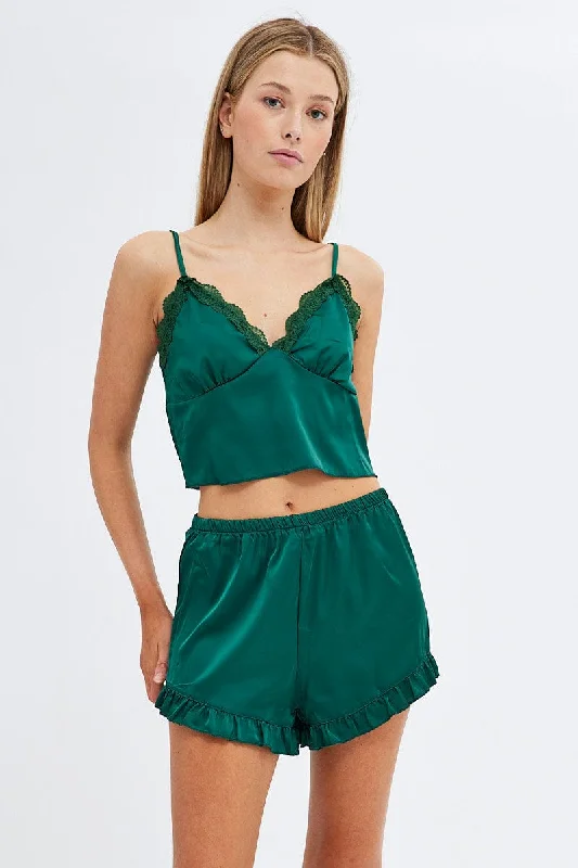 Green Satin PJ Lace Trim Cami and Ruffle Shorts Set