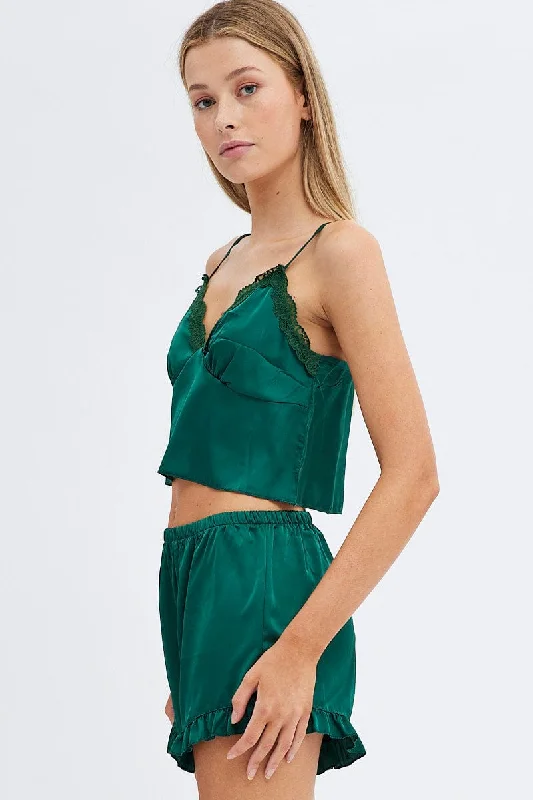 Green Satin PJ Lace Trim Cami and Ruffle Shorts Set