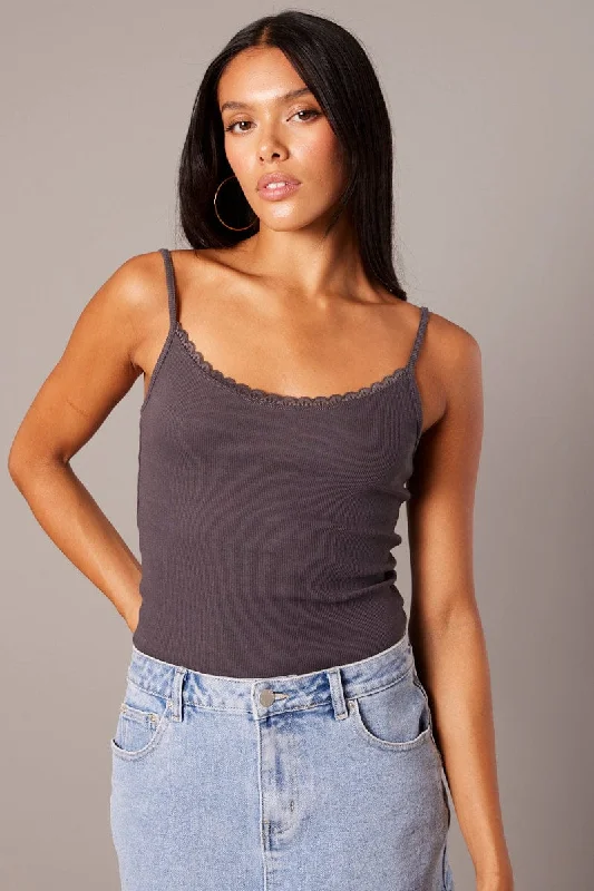 Grey Singlet Top Sleeveless Scoop Neck Lace Trim