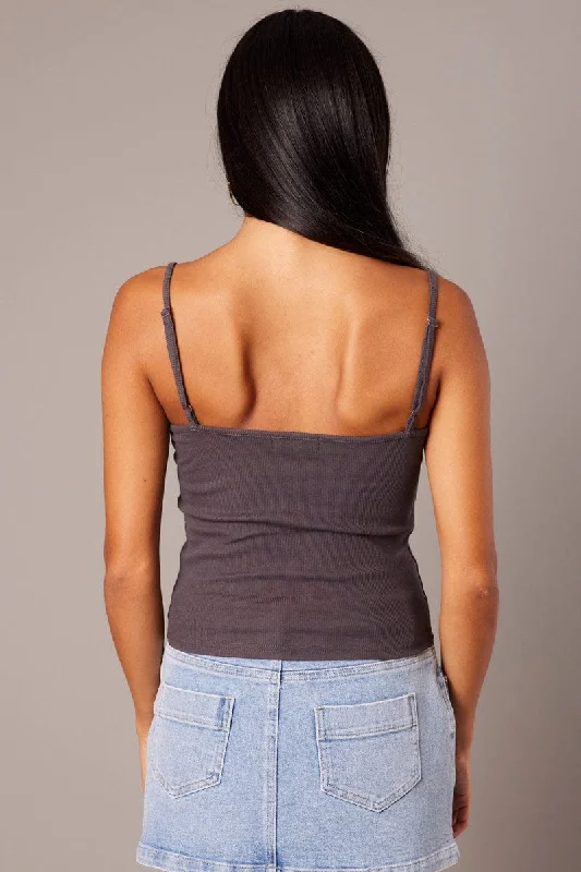 Grey Singlet Top Sleeveless Scoop Neck Lace Trim