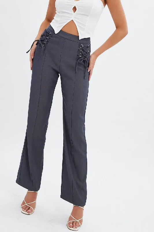 Grey Straight Leg Pants High Rise Tailored Lace Up