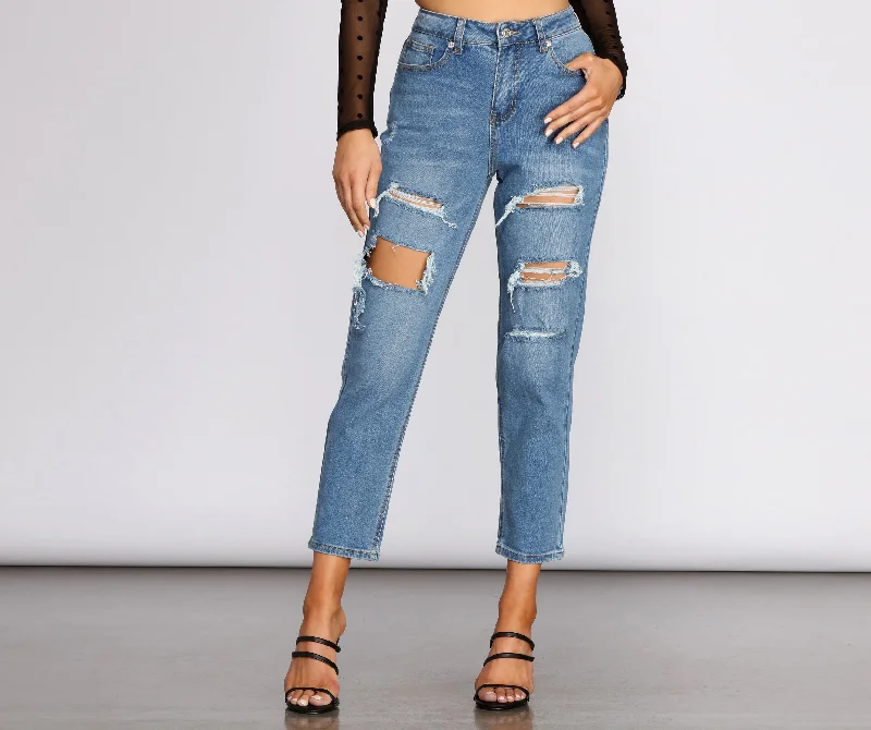 High Rise Majorly Distressed Straight Leg Jeans