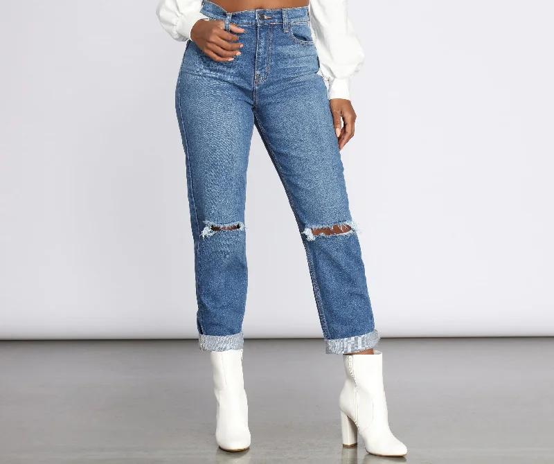 High Rise Distressed Mom Jeans