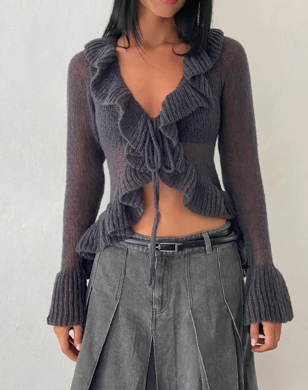 Kendra Ruffle Cardigan in Dark Charcoal Knit