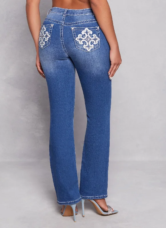 WAX Rhinestone Pocket Detail Flare Jeans