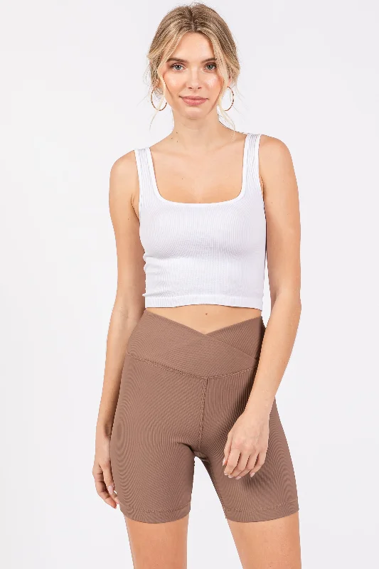 Mocha Ribbed Crisscross Biker Shorts