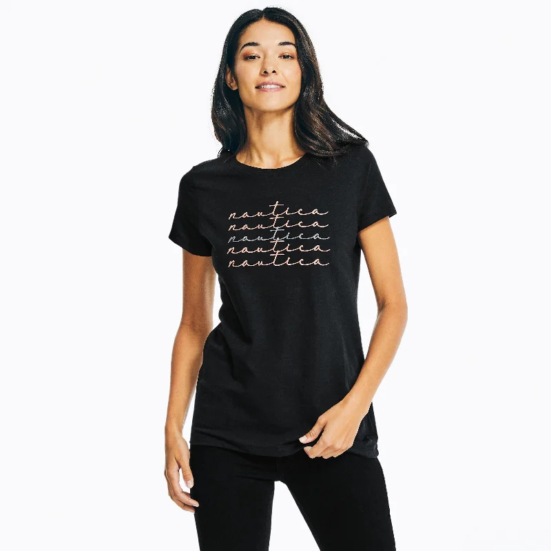 Nautica Womens Glitter Wave Logo Graphic T-Shirt