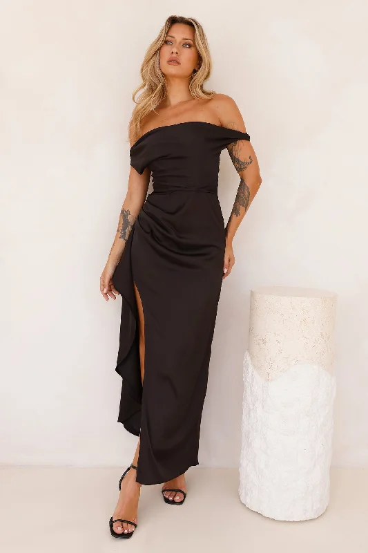 Nightfall Event Off Shoulder Satin Maxi Dress Black