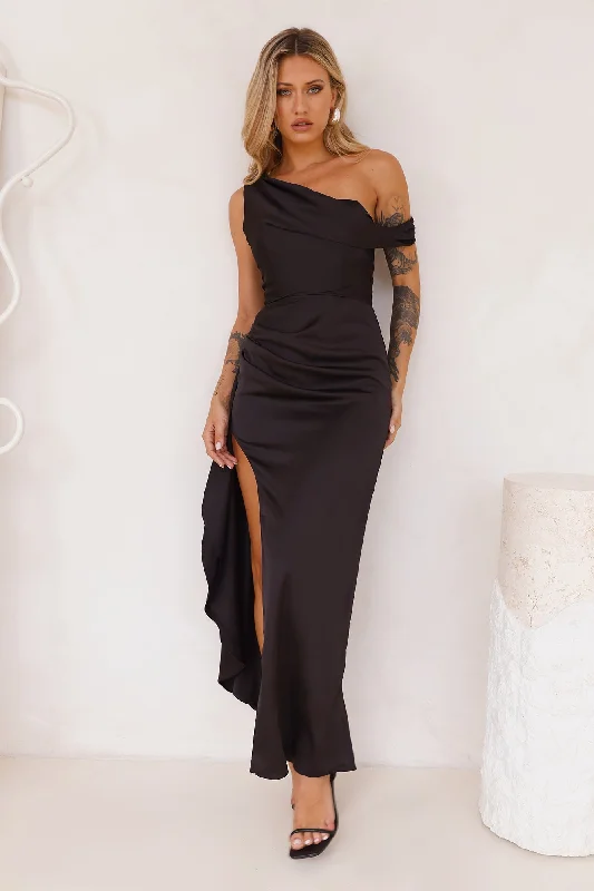 Nightfall Event Off Shoulder Satin Maxi Dress Black