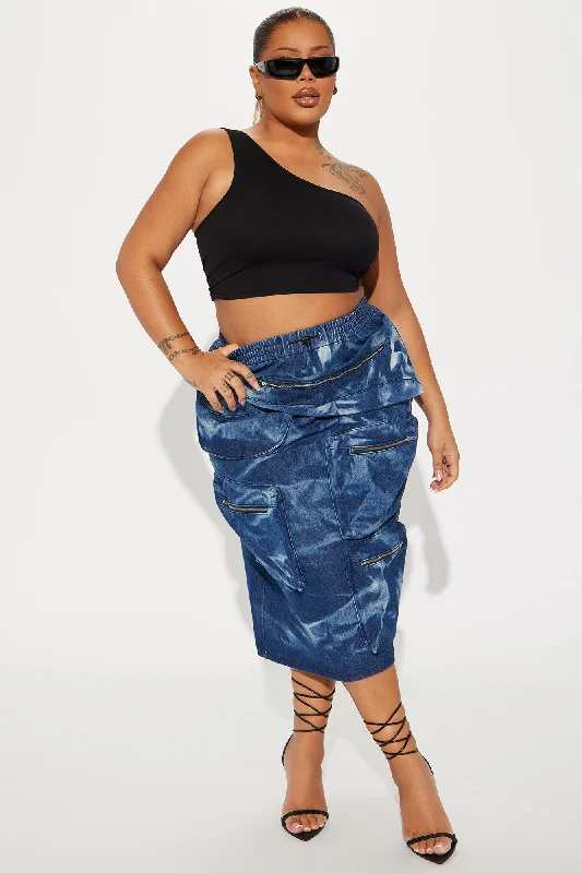 Not Sorry Mineral Wash Cargo Midi Skirt - Dark Wash