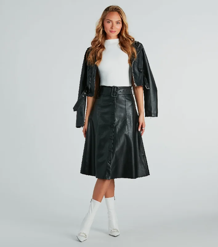 On The Go Girl Faux Leather A-Line Midi Skirt