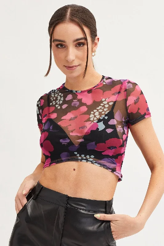 Pink Abstract Floral Print Mesh Short Sleeve Top