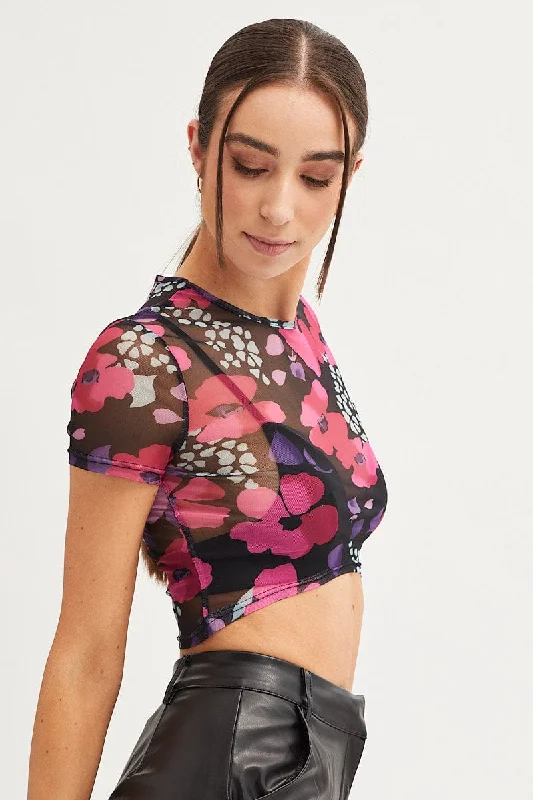 Pink Abstract Floral Print Mesh Short Sleeve Top