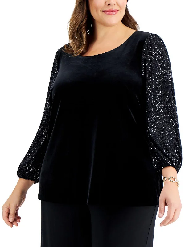 Plus Womens Velvet Sequined Pullover Top