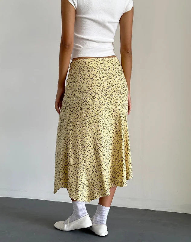 Rans Waterfall Hem Midi Skirt in Flowing Flower Yellow