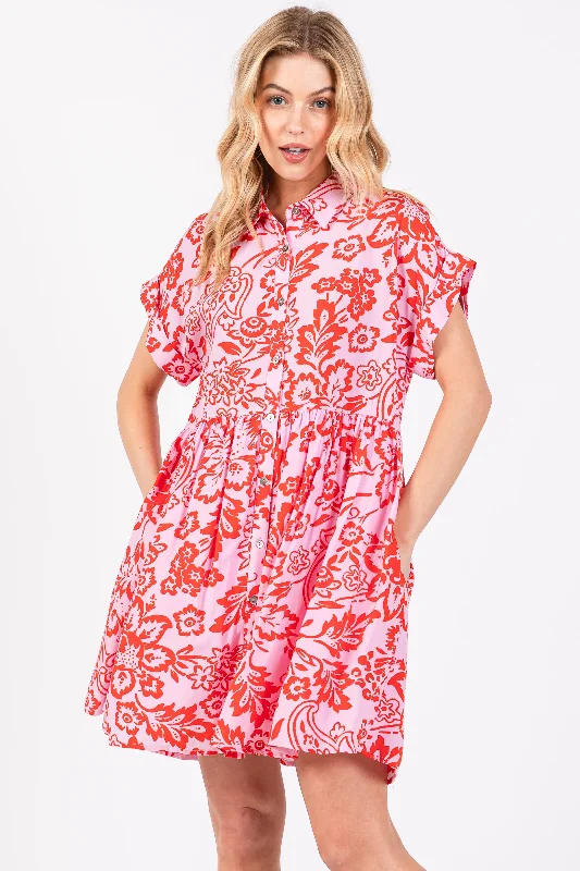 Red Floral Button Front Collared Dress