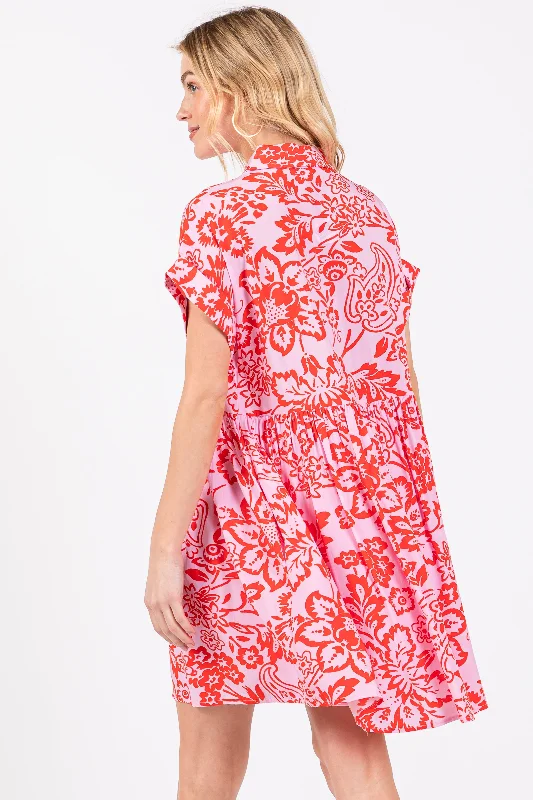 Red Floral Button Front Collared Dress