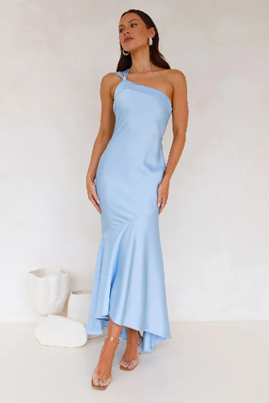 Romantic Affair Satin One Shoulder Maxi Dress Blue