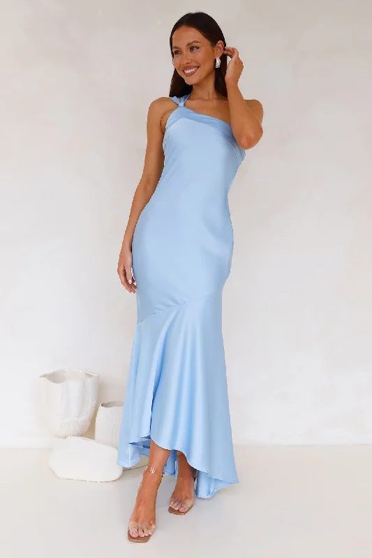 Romantic Affair Satin One Shoulder Maxi Dress Blue