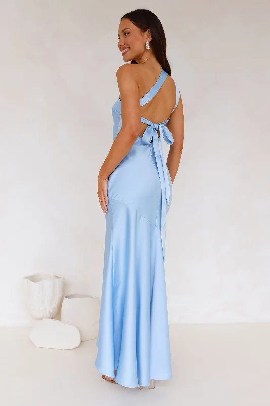 Romantic Affair Satin One Shoulder Maxi Dress Blue