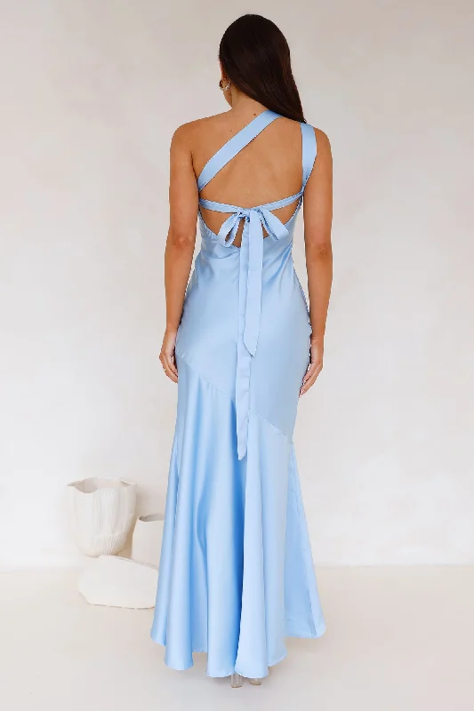 Romantic Affair Satin One Shoulder Maxi Dress Blue