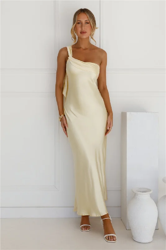 Romantic Tales Satin One Shoulder Maxi Dress Yellow