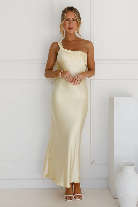 Romantic Tales Satin One Shoulder Maxi Dress Yellow