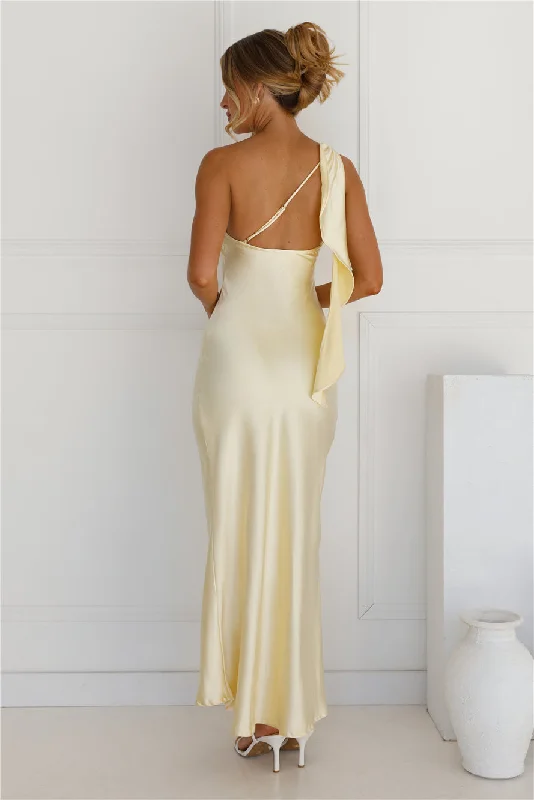 Romantic Tales Satin One Shoulder Maxi Dress Yellow