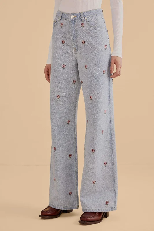 Rose Embroidered Denim Pants