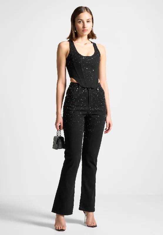 Scattered Rhinestone Mini Flare Jeans - Black