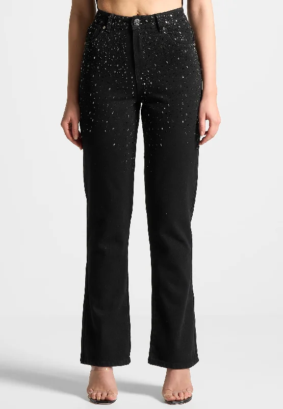 Scattered Rhinestone Mini Flare Jeans - Black