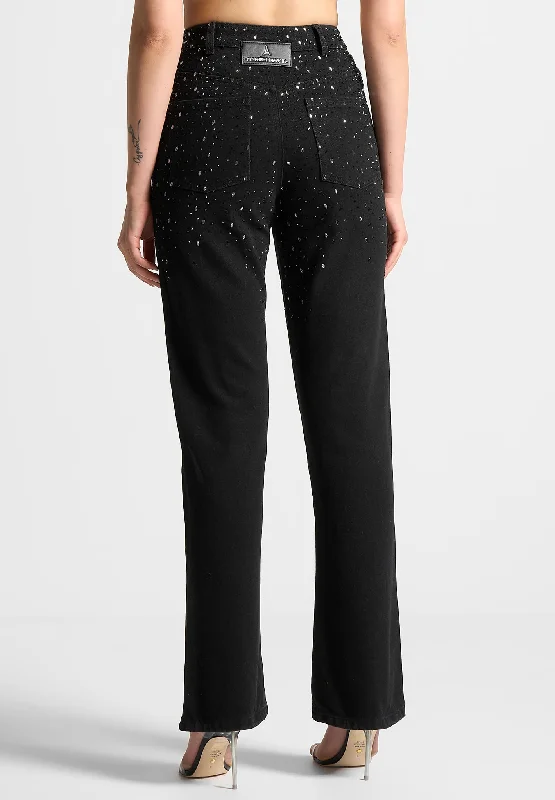 Scattered Rhinestone Mini Flare Jeans - Black