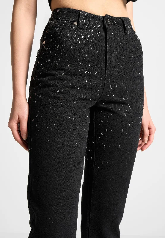 Scattered Rhinestone Mini Flare Jeans - Black