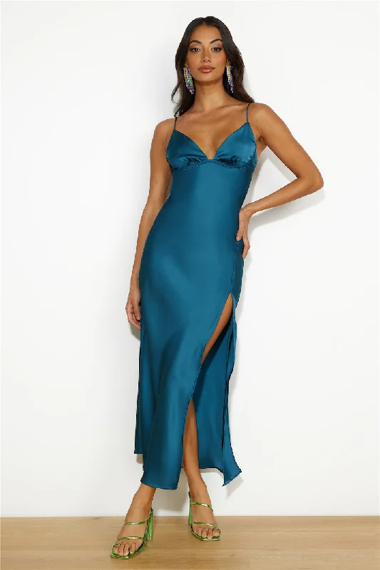 Seen At The Ball Satin Midi Dress Blue