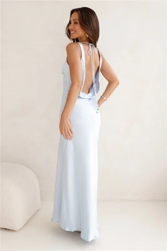 Seen For You Cowl Neck Satin Maxi Dress Light Blue