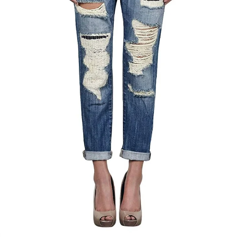 Slim Fit Low Rise Ripped Boyfriend Denim Jeans In Blue Denim