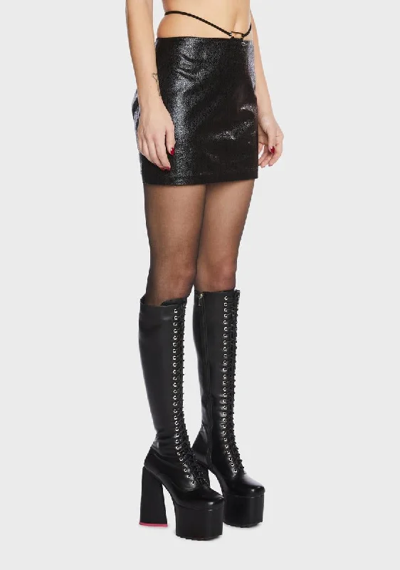 Strappy Black Faux Leather Mini Skirt