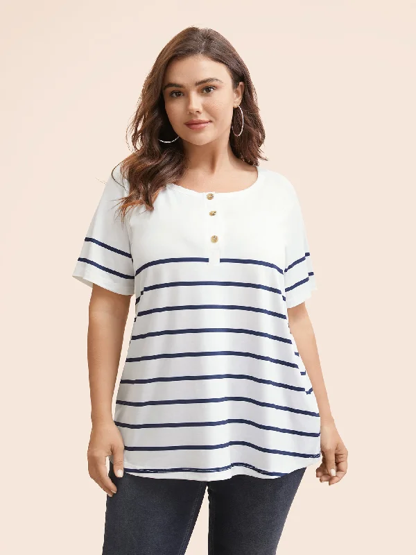 Striped Print Raglan Sleeve Button Up T-shirt