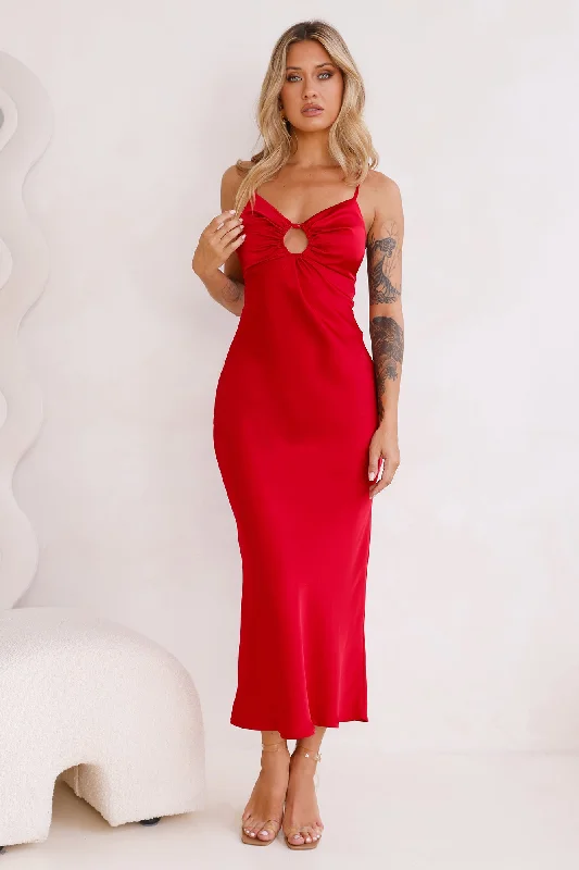 Style Compass Satin Midi Dress Red