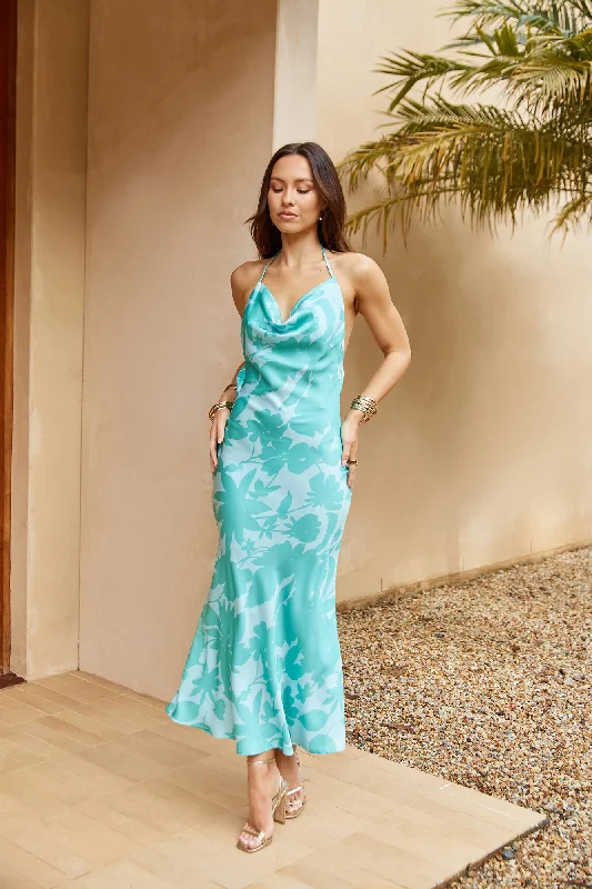 Sweet Autumn Leaves Satin Halter Maxi Dress Sage