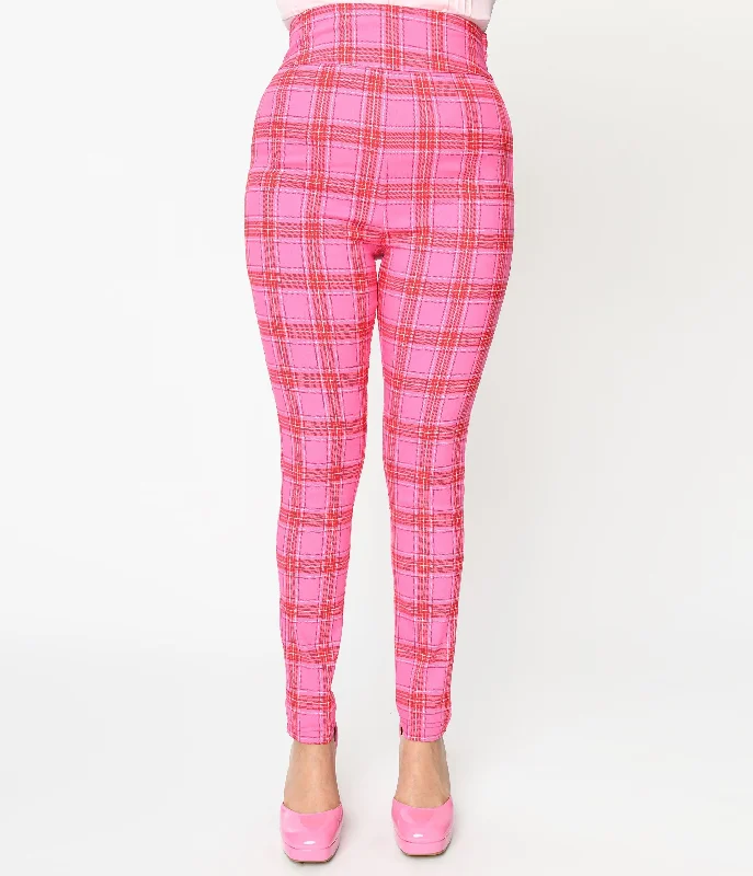 Unique Vintage Pink & Red Plaid High Waist Cigarette Pants